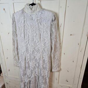 Vintage Jessica McClintock White Lace Dress – Victorian High Neck, Long Sleeve